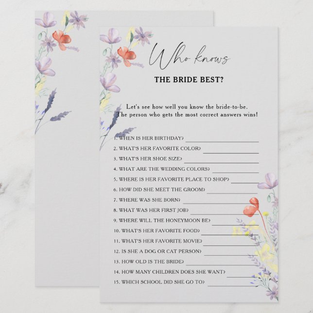 Boho Blommig Bröllopsspel - Vem känner bruden bäst (Fram/baksida)