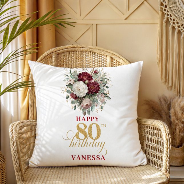 Boho Blommig Burgunder 80-årspresent Kudde (Boho Floral Burgundy 80th Birthday Gift)