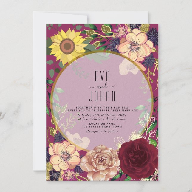 Boho Blommig Burgunder Rosa Bröllopsinbjudan Inbjudningar (Framsida)