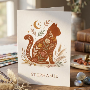 Boho Blommig Celestial Katt Grafik Tack Kort