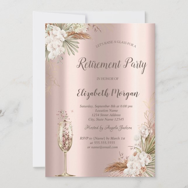 Boho blommig, champagneglas, rose gold pensionerin inbjudningar (Framsida)
