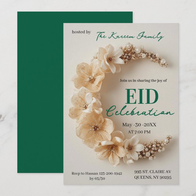 Boho Blommig Crescent Eid Fest Inbjudan  (Fram/baksida)