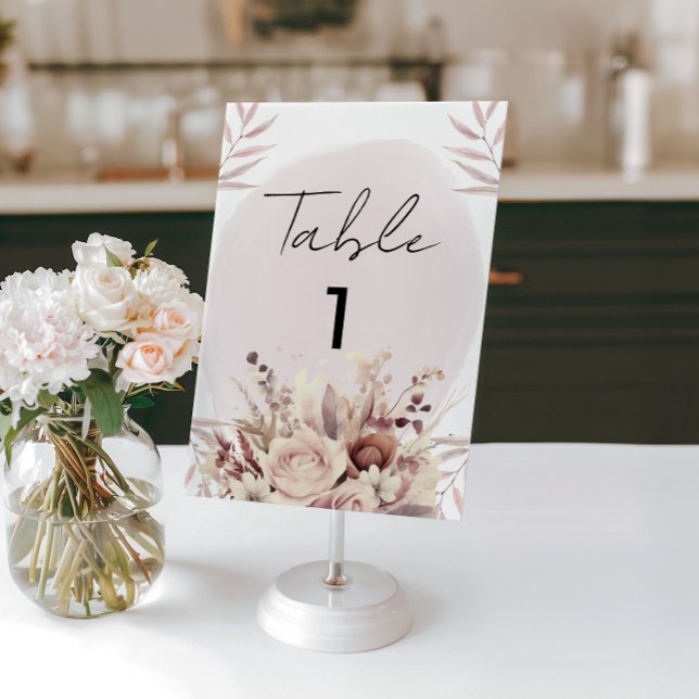 Boho Blommig Dammrosa Akvarellkort Bordsnummer (Skapare uppladdad)