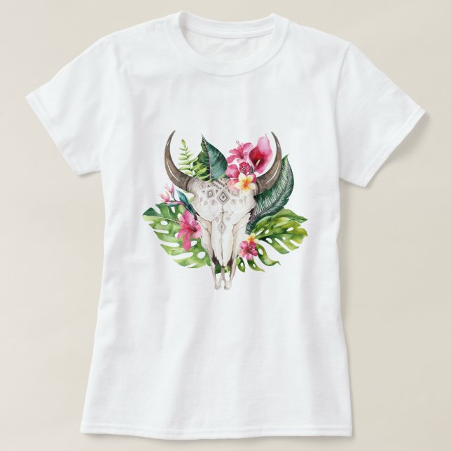 Boho Blommig Dödskalle Teal Tropisk Ö Paradis  T Shirt (Design framsida)