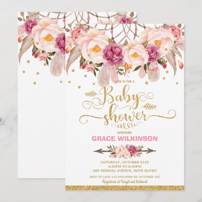 Boho Blommig Drömfångare Baby Shower Flicka Inbjudningar (Fram/baksida)