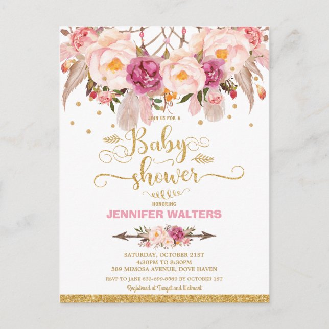 Boho Blommig Drömfångare Baby Shower Inbjudan (Framsida)