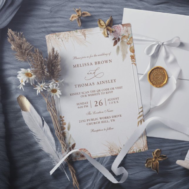 Boho Blommig Elegant Modern Budget QR-kod Bröllop Inbjudningar (Skapare uppladdad)