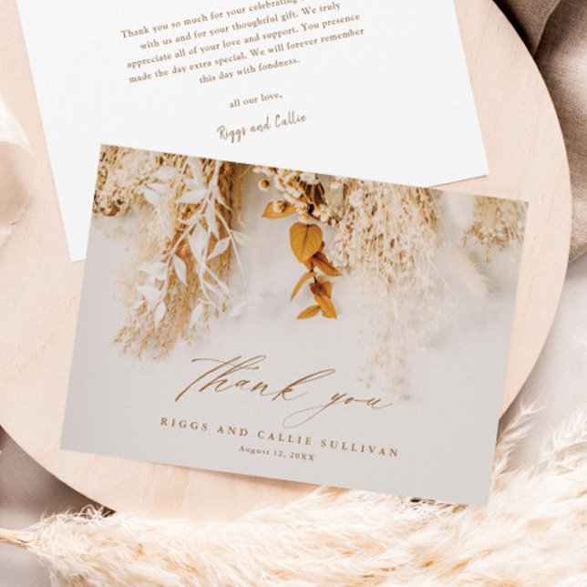 Boho Blommig Elegant Skript Bröllop Tack Kort (Elegant dried floral boho script wedding thank you cards.)