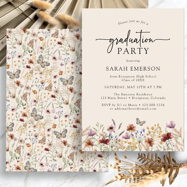 Boho Blommig Examen Inbjudningar (Watercolor Boho Floral Graduation Party Invitation with Butterfly by Painted Paperie
)