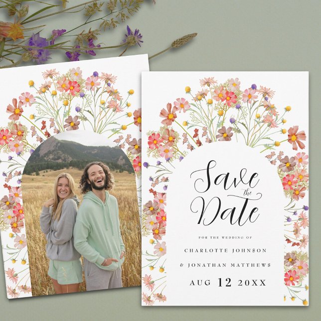 Boho Blommig Foto Båge Bröllop Spara Datumet (Boho rustic Wildflower floral arch photo Wedding save the date invitation Elegant script)