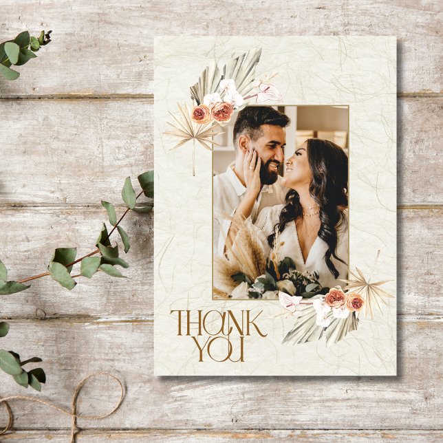Boho Blommig Foto Bröllop Tacksamhetskort Tack Kort (Boho Floral Photo Wedding Thank You Card)