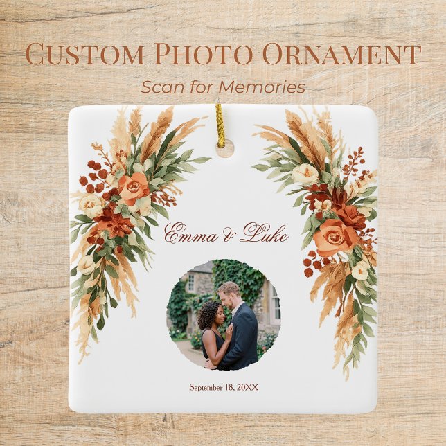 Boho Blommig Foto QR-kod Ornament | Personlig (Personalized photo ornament with boho florals, custom text, and scannable QR code keepsake.)