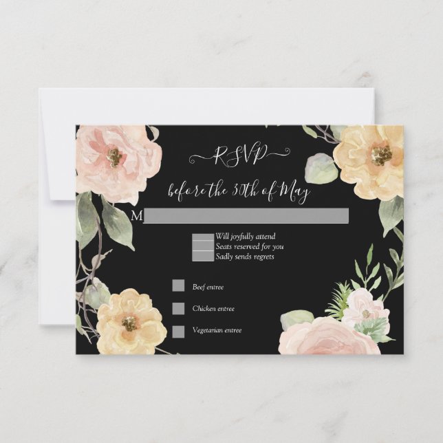 Boho Blommig Gul Rosa Ros Svart RSVP-svar OSA Kort (Framsida)