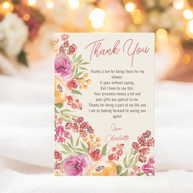 Boho Blommig Handmålad Bröllopsfest Tack Kort (Boho Floral Hand-Painted Bridal Shower Thank You)