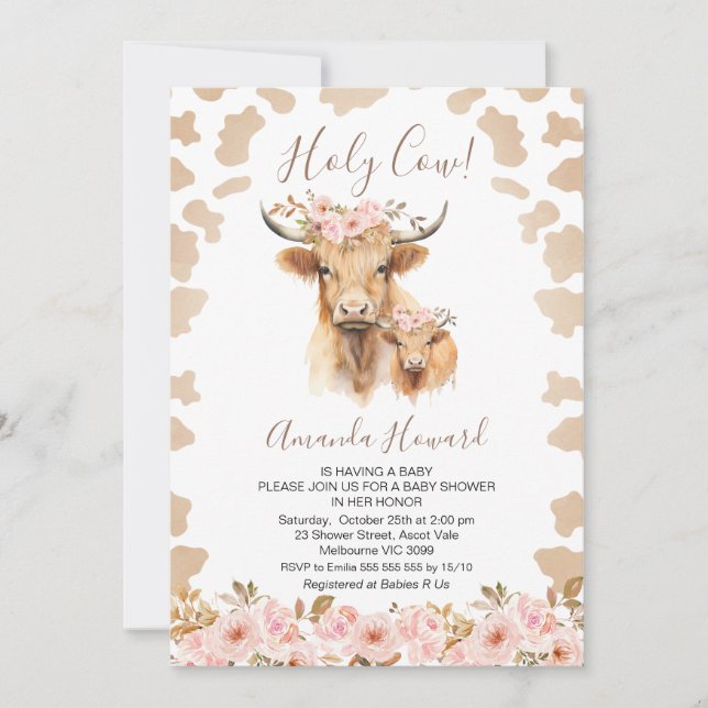 Boho Blommig Highland Holy Cow Baby Shower Inbjudningar (Framsida)