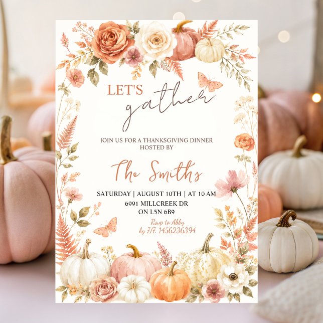 Boho Blommig Höst Låt Oss Samlas Thanksgiving Inbjudningar (Skapare uppladdad)
