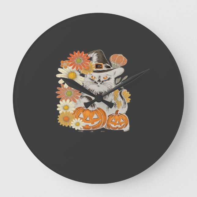 Boho Blommig Höst Svart Katt Halloween Essential T Stor Klocka (Framsida)