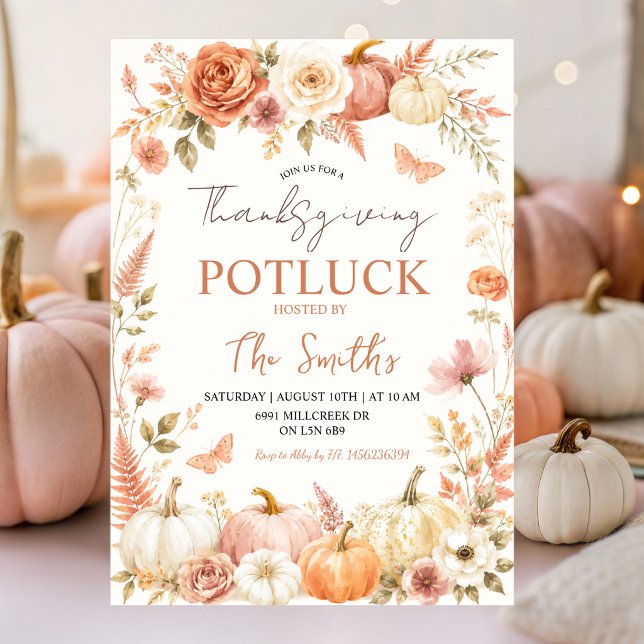 Boho Blommig Höst Thanksgiving Potluck Inbjudan (Skapare uppladdad)