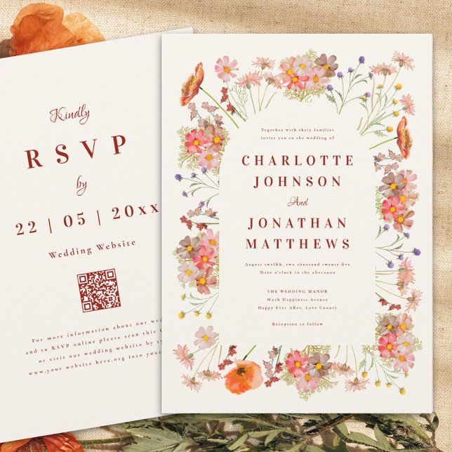 Boho Blommig Höstbröllop Inbjudningar (Boho dried flowers rustic fall wedding invitation burnt orange script wedding website qr code)