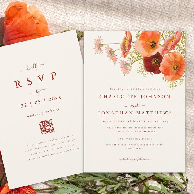 Boho Blommig Höstbröllop Inbjudningar (Elegant floral bouquet fall wedding invitation with burnt orange script and qr code)