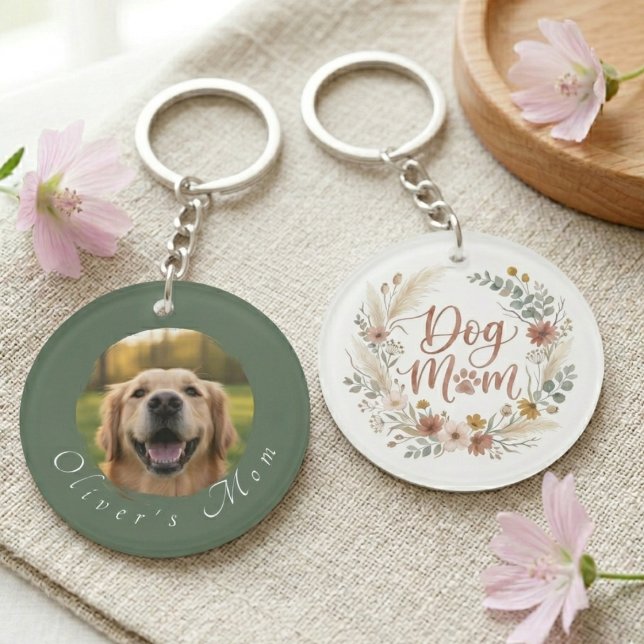 Boho Blommig Hundmamma Fotoram (Boho floral dog mom keychain with a custom photo back, perfect for a pet lover's birthday gift.)