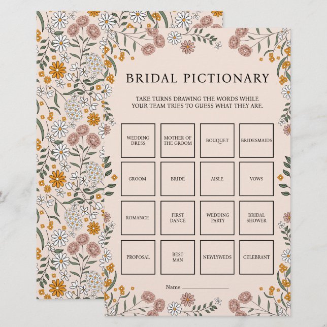 Boho Blommig Jord Botanisk Bröllops Pictionary Lek (Fram/baksida)