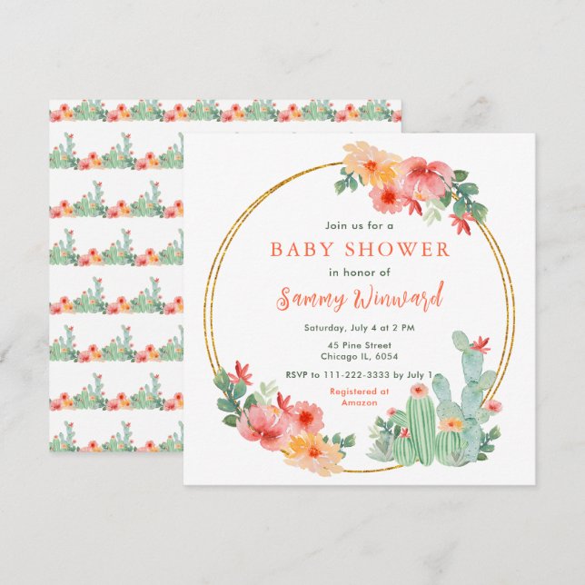 Boho Blommig Kaktus Baby Shower Inbjudningar (Fram/baksida)