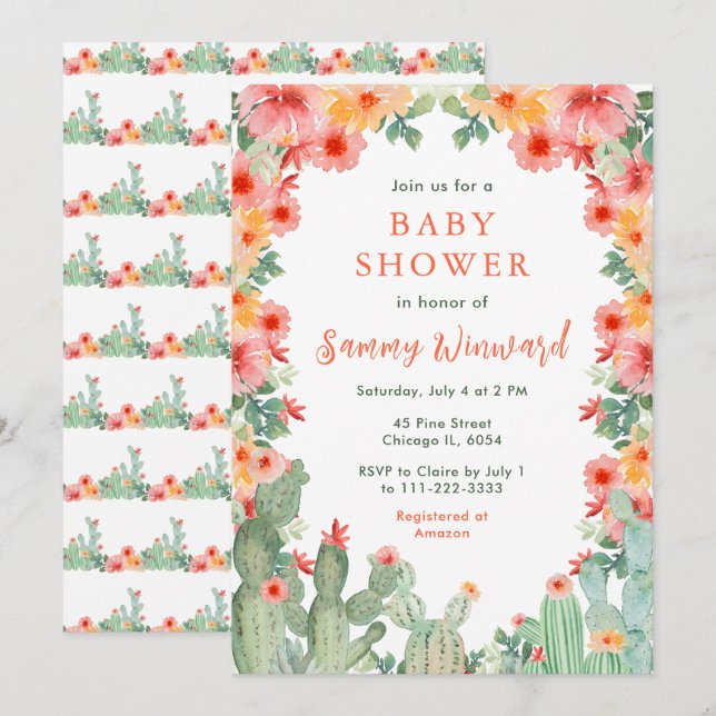 Boho Blommig Kaktus Baby Shower Inbjudningar (Fram/baksida)