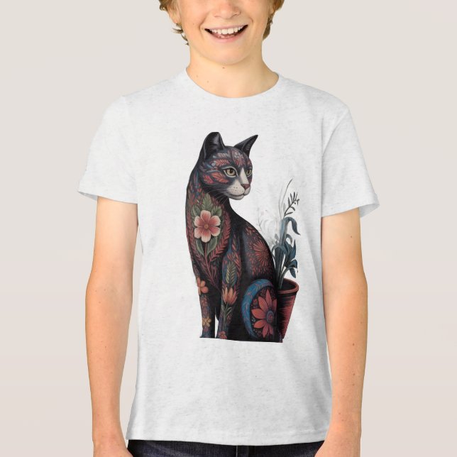 Boho Blommig Katt T-Shirt – Konstnärlig Botanisk  (Framsida)