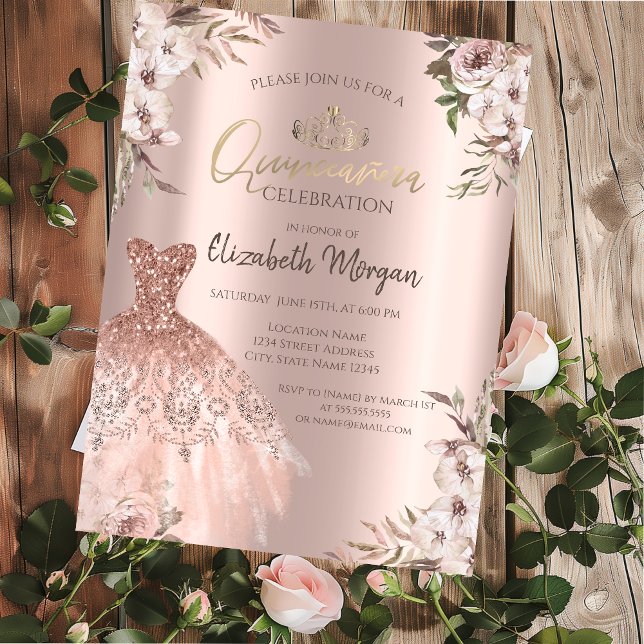 Boho blommig klänning rose gold Quinceanera Inbjudningar (Skapare uppladdad)