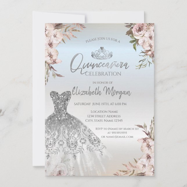 Boho blommig klänning silver Quinceanera Inbjudningar (Framsida)