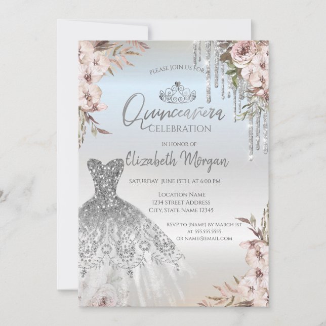 Boho blommig klänning silverdropar Quinceanera Inbjudningar (Framsida)