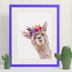 Boho Blommig Lama Alpaca Barnkammare Poster