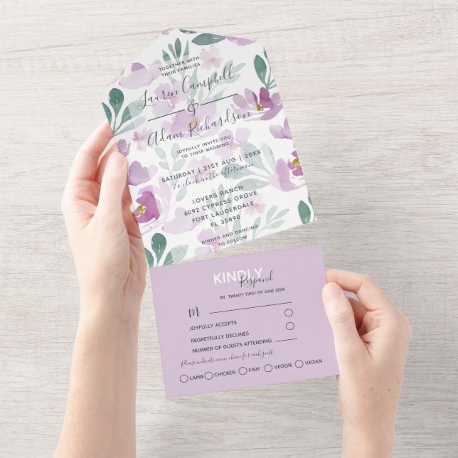 Boho Blommig Lila Akvarell Bröllop (Avrivbar del)