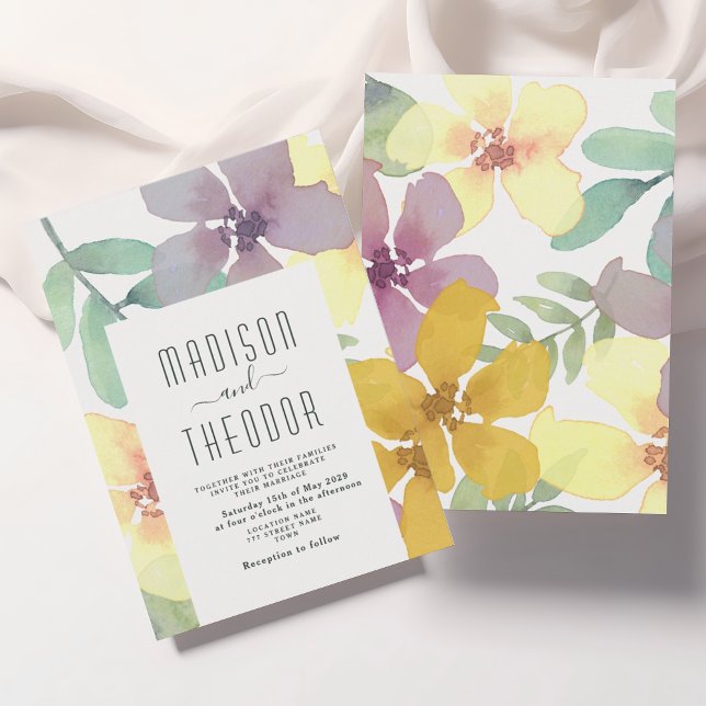 Boho Blommig Lila Gul Bröllop Inbjudningar (Skapare uppladdad)
