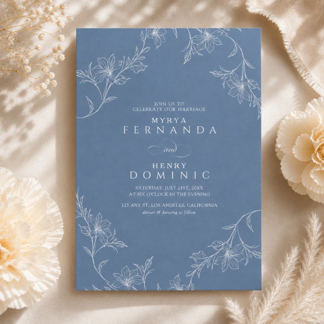 Boho Blommig Linje Konst Dammig Blå Bröllop Inbjudningar (Skapare uppladdad)