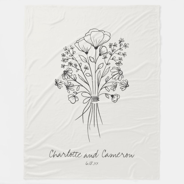 Boho blommig linjeteckning personlig Cloud White Fleecefilt (Framsidan)