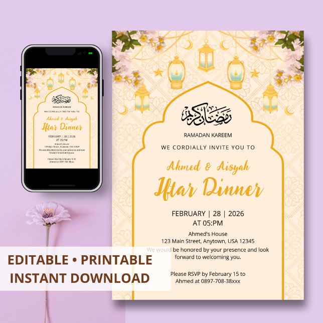 Boho Blommig Lykta Guld Båge Iftar Middag Inbjudningar (Skapare uppladdad)