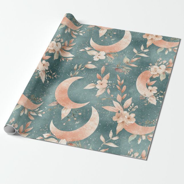 Boho Blommig Måne Vintage Celestial Jordtoner Presentpapper (Utrullad)
