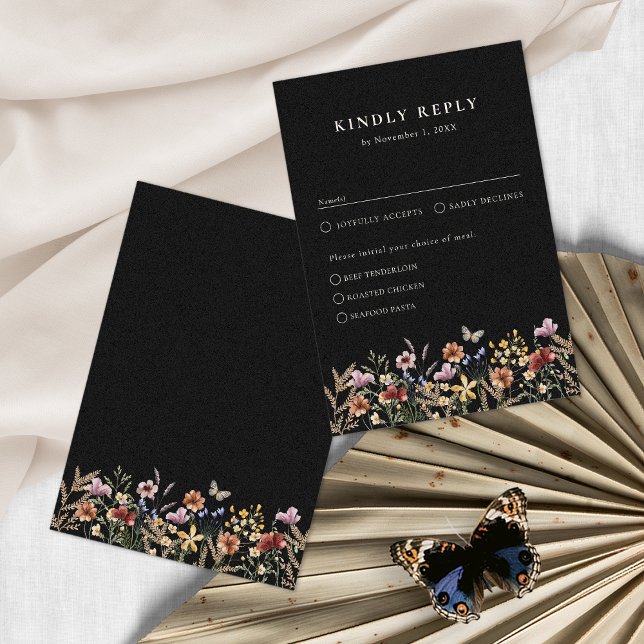 Boho Blommig Med Måltider OSA Kort (Moody Black Boho Floral With Meals RSVP Card by Painted Paperie
)