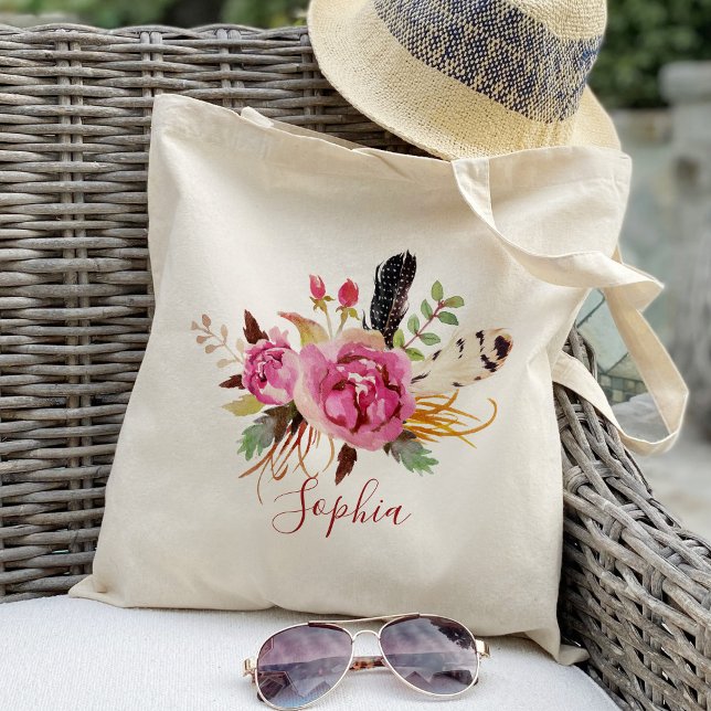 Boho blommig och fjäder Brudtärna Personlig Tygkasse (Skapare uppladdad)
