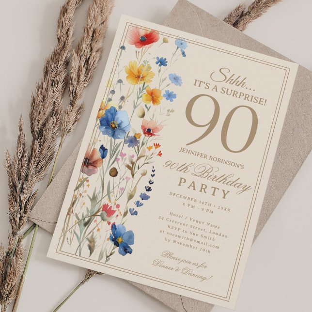 Boho Blommig Överraskning 90-årsfirande För Henne Inbjudningar (Boho Floral Surprise 90th Birthday Party For Her Invitation)