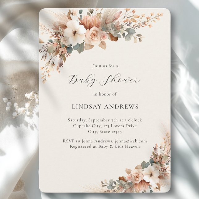 Boho Blommig Pampasgräs Beige Babyfirande Inbjudningar (Boho Floral Pampas Grass Beige Baby Shower Invitation)