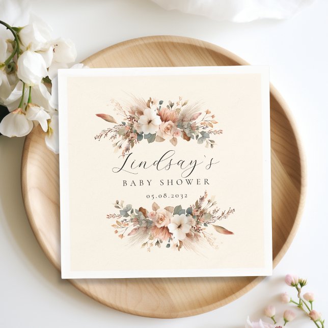 Boho Blommig Pampasgräs Beige Bebis Bjudning  Pappersservett (Boho Floral Pampas Grass Rose Baby Shower Napkins)