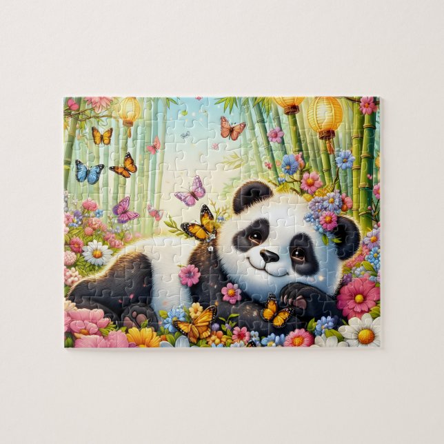 Boho Blommig Panda Pussel (Horisontell)