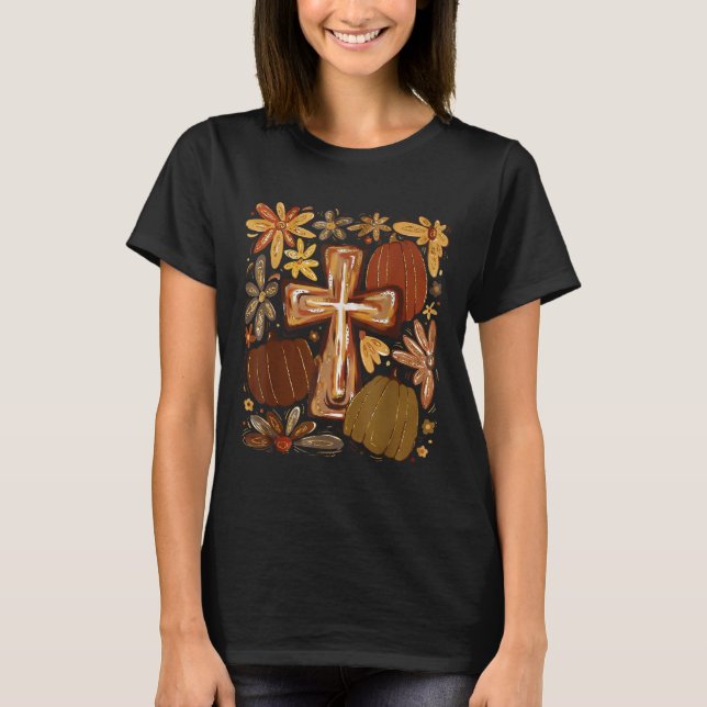 Boho Blommig Pumpa Kors Höst Jesus Kristet Trosupp T Shirt (Framsida)