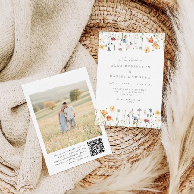 Boho Blommig QR-kod Foto Bröllopsinbjudan Inbjudningar (Skapare uppladdad)
