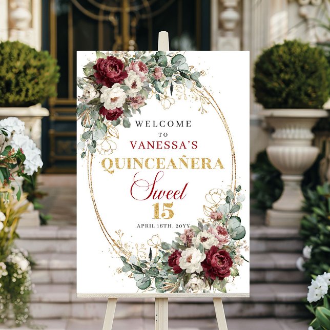 Boho Blommig Quinceanera Välkomstskylt Burgunder G Poster (Boho Floral Quinceanera Welcome Sign Burgundy Gold!!!!!)