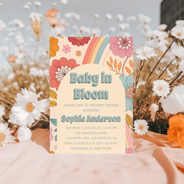 Boho Blommig Regnbåge Bebis i Knopp Babyfirande Inbjudningar (Skapare uppladdad)