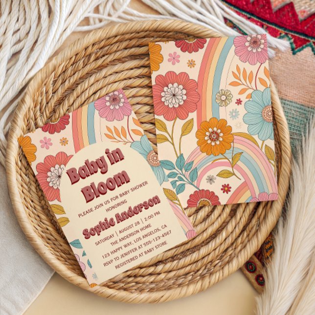 Boho Blommig Regnbåge Bebis i Knopp Bebisens Först Inbjudningar (Skapare uppladdad)